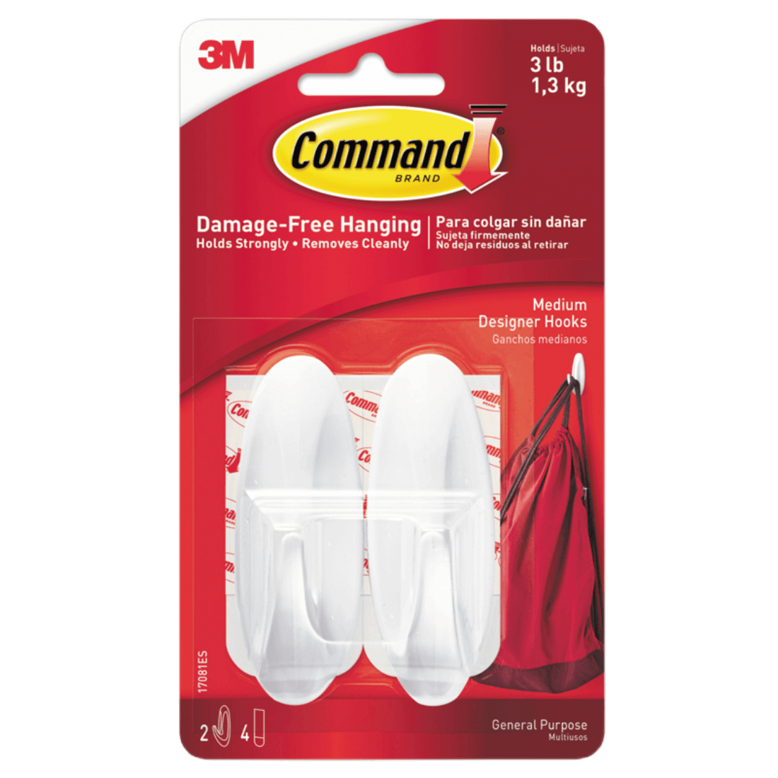 3M 17081 GANCHO ADHESIVO MEDIANO PLASTICO1KG COMMAND BLANCO (BLISTER 2  GANCHOS Y 4 TIRAS)