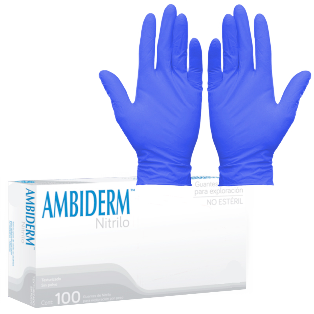 AMBIDERM - GUANTES DE NITRILO LIBRE DE LATEX, SIN POLVO TALLA XS, COLOR AZUL CAJA CON 100UND