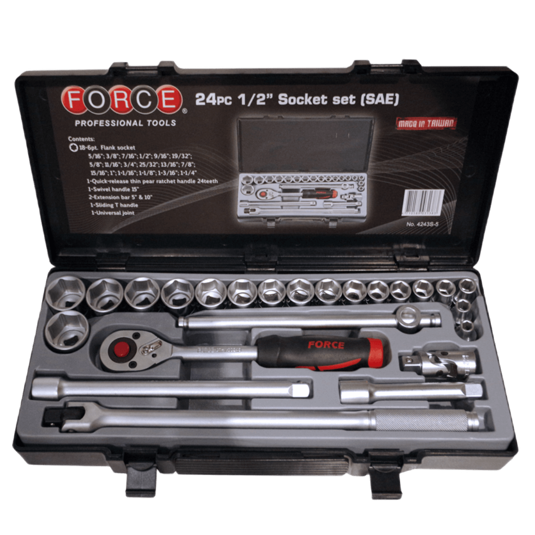FORCE 4243S-5 JUEGO 24 PIEZAS 18 CUBOS ESPIGA 1/2" 5/16"-1.1/4" + 6 ACCESORIOS CON ESTUCHE