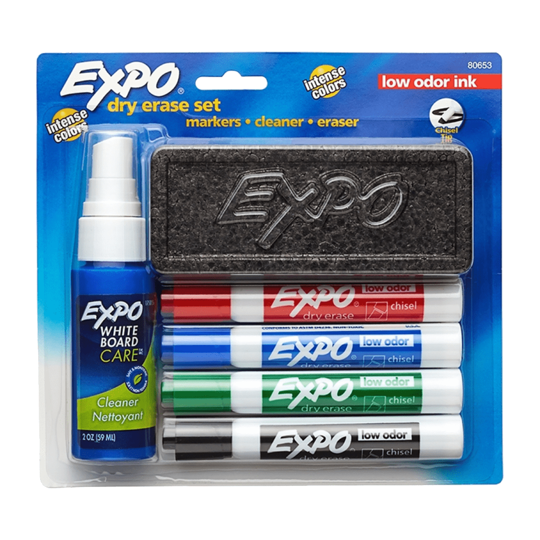 EXPO 80653 / 3297165 JUEGO 4 MARCADORES DE BORRADO PUNTA CINCEL CON SPRAY Y BORRADOR