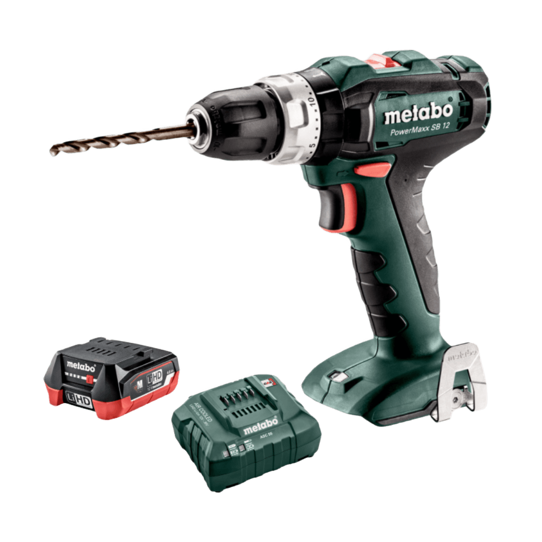 METABO 601076840+627046000+625349000 POWERMAXX SB 12 TALADRO ATORNILLADOR PERCUSION 12V 10MM (3/8") C/CARGADOR + 1 BAT 4AH LIHD