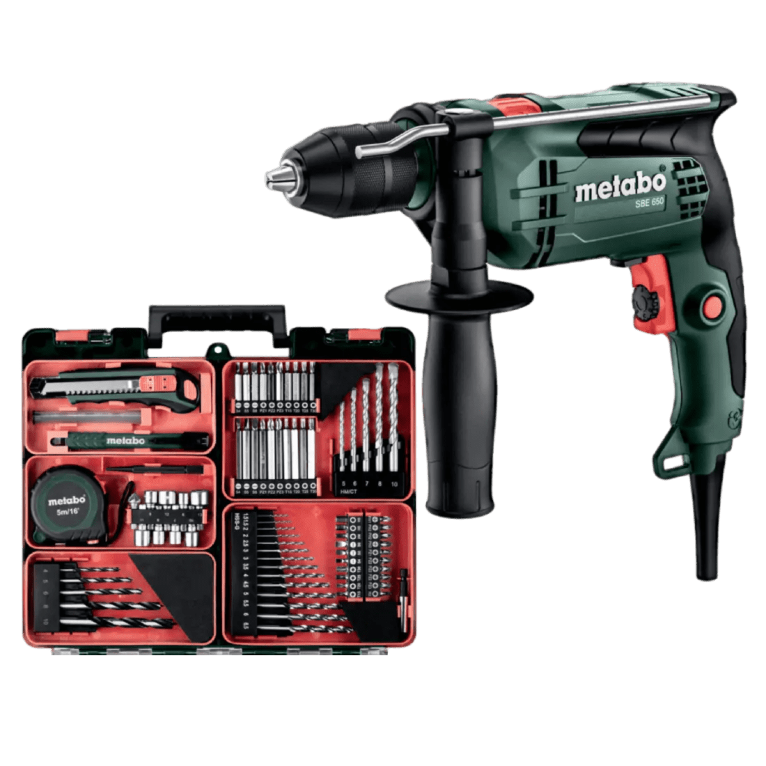 METABO SBE 650 SET TALADRO DE PERCUSION 13MM (1/2") 650W 110V/60HZ/1F + 79 ACCESORIOS 600742620